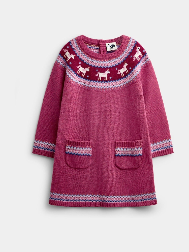 Jojo Maman Bébé Rose Pink Unicorn Fairisle Knitted Dress - Image 1 of 4 Jojo Maman Bébé Rose Pink Unicorn Fairisle Knitted Dress - Image 1 of 4
