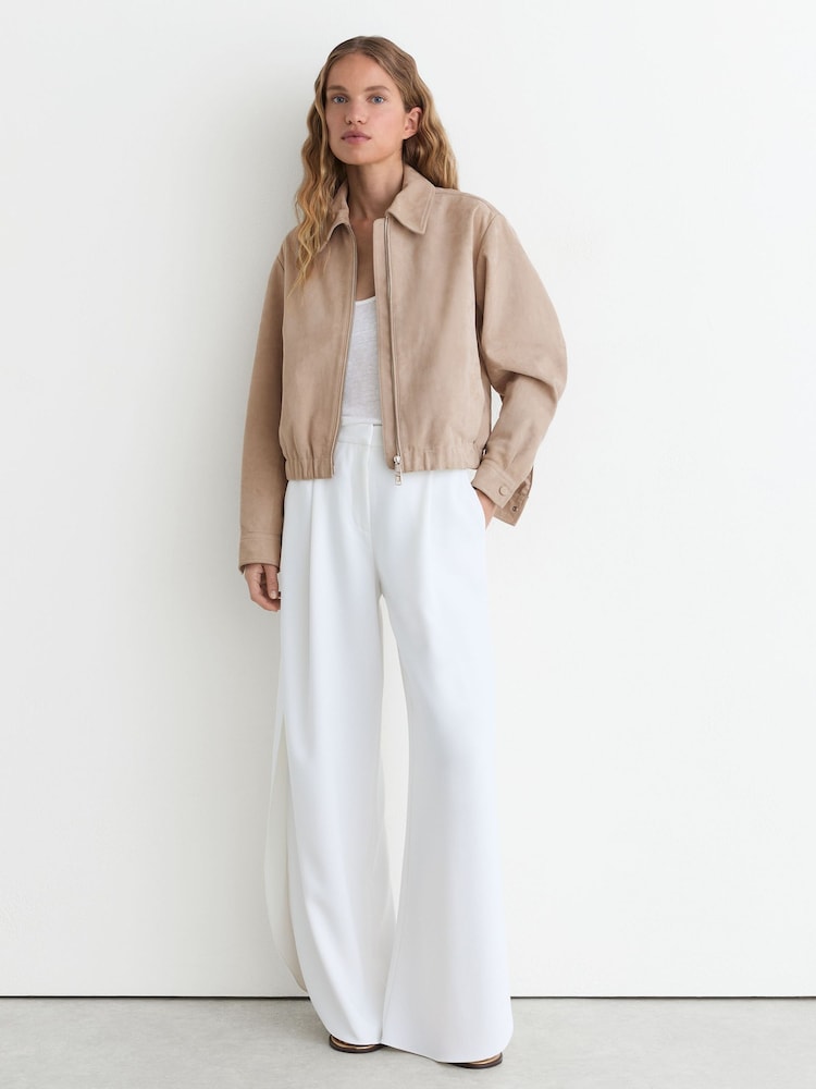Reiss Neutral Lottie Suede Suede Cropped Bomber Jacket - Image 1 of 7