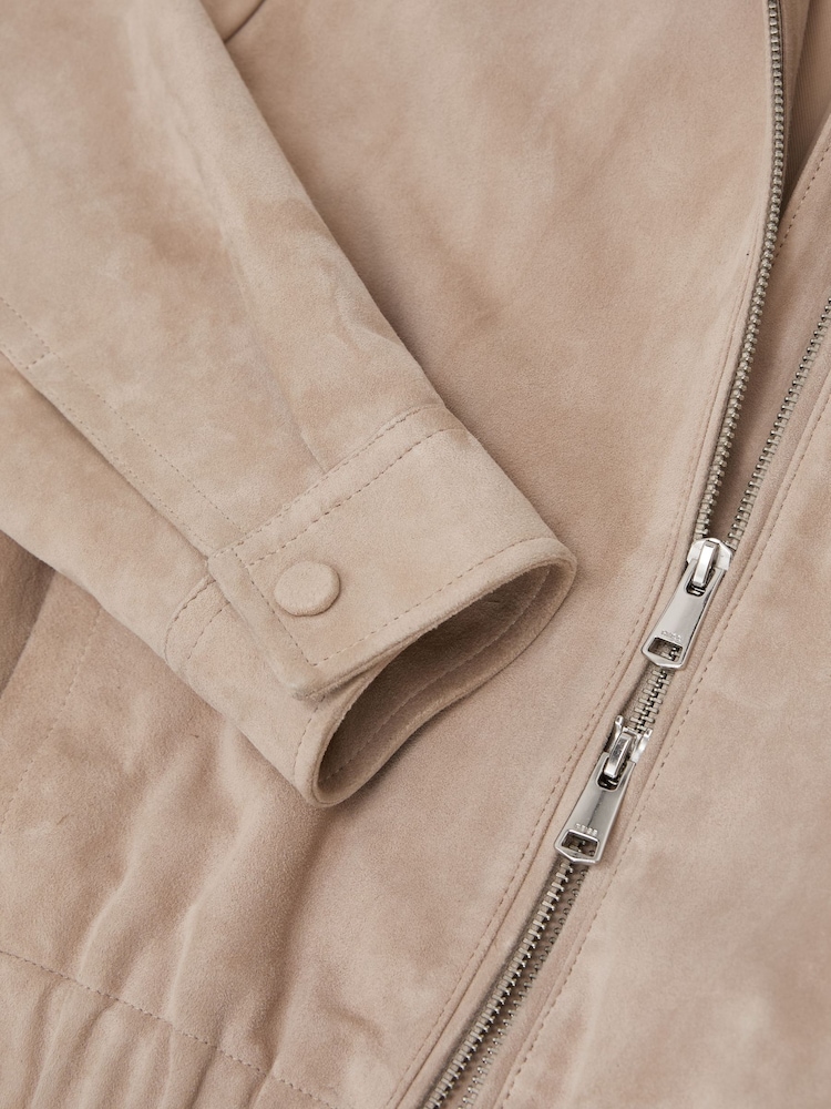 Reiss Neutral Lottie Suede Suede Cropped Bomber Jacket - Image 7 of 7