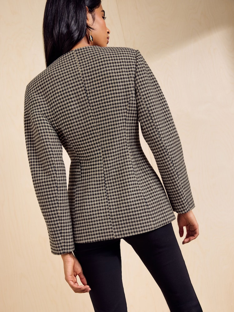 Friends Like These Brown Gingham Brushed Collarless Blazer - Image 5 of 5 Friends Like These Brown Gingham Brushed Collarless Blazer - Image 5 of 5