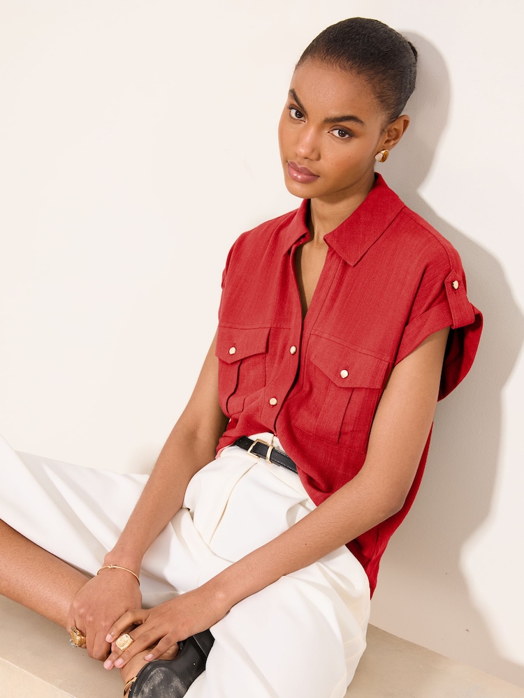 Lipsy Red Touch Of Linen Short Sleeve Shirt - Image 1 of 3