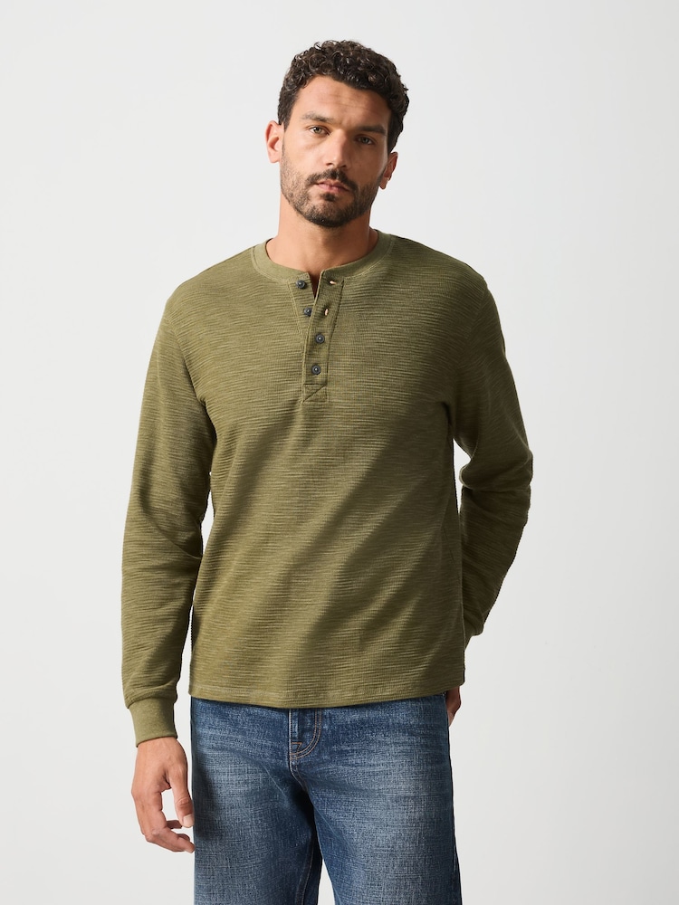 Green Long Sleeve Waffle Henley T-Shirt - Image 1 of 8 Green Long Sleeve Waffle Henley T-Shirt - Image 1 of 8