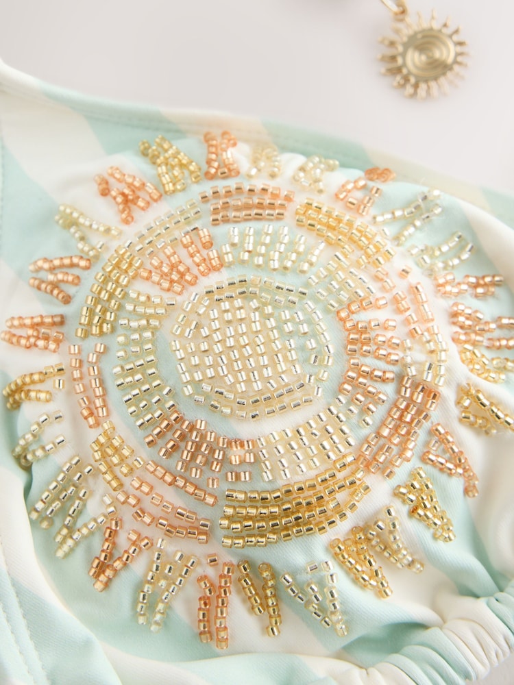 Mint Green/Cream Beaded Embellished Triangle Bikini Top - Image 10 of 10