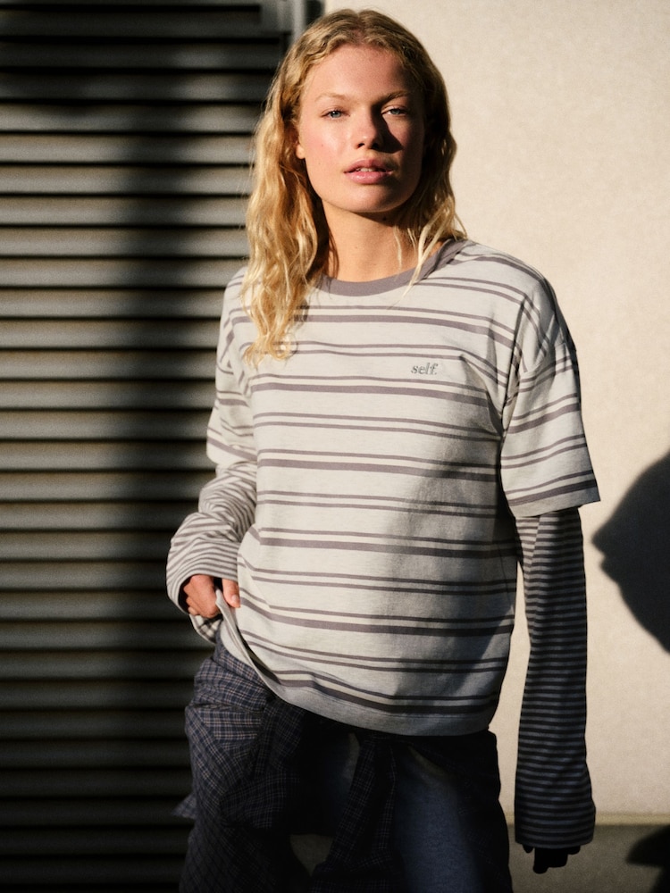 self. Grey Stripe T-Shirt with Mock Layer - Image 1 of 6