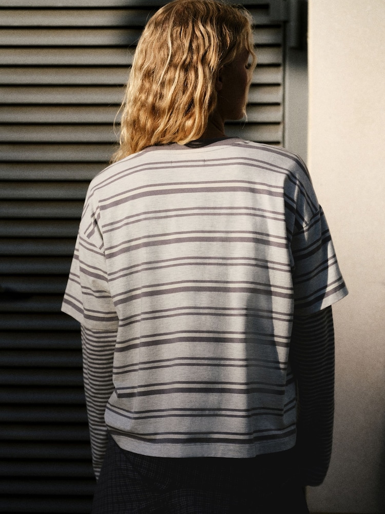 self. Grey Stripe T-Shirt with Mock Layer - Image 2 of 6