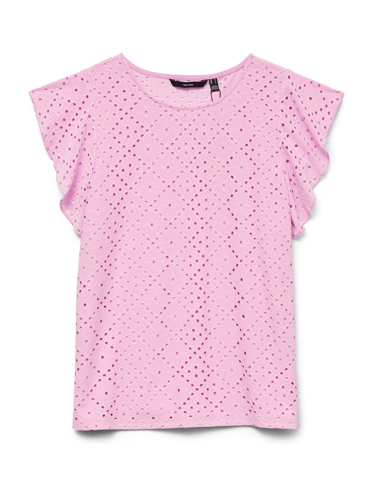 ורוד - VERO MODA Frill Sleeve Broderie Top - תמונה 5 מתוך 5