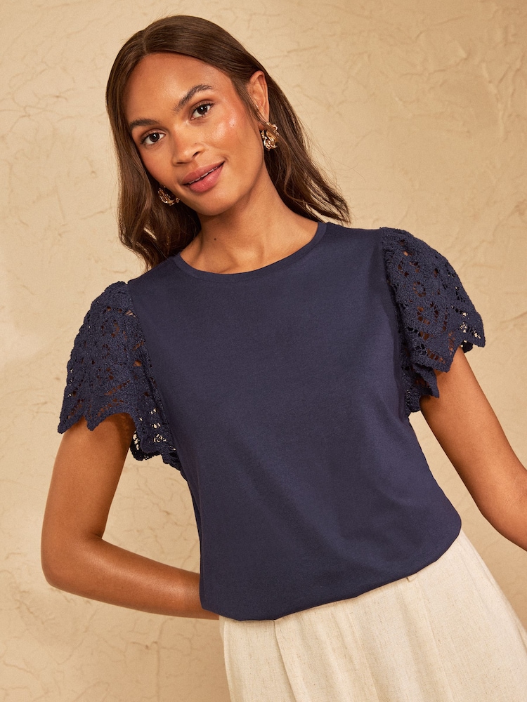 Love & Roses Navy Broderie Short Sleeve T-Shirt - Image 4 of 4 Love & Roses Navy Broderie Short Sleeve T-Shirt - Image 4 of 4