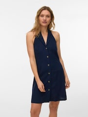 VERO MODA Blue Linen Mix Short Halter Neck Dress - Image 1 of 4