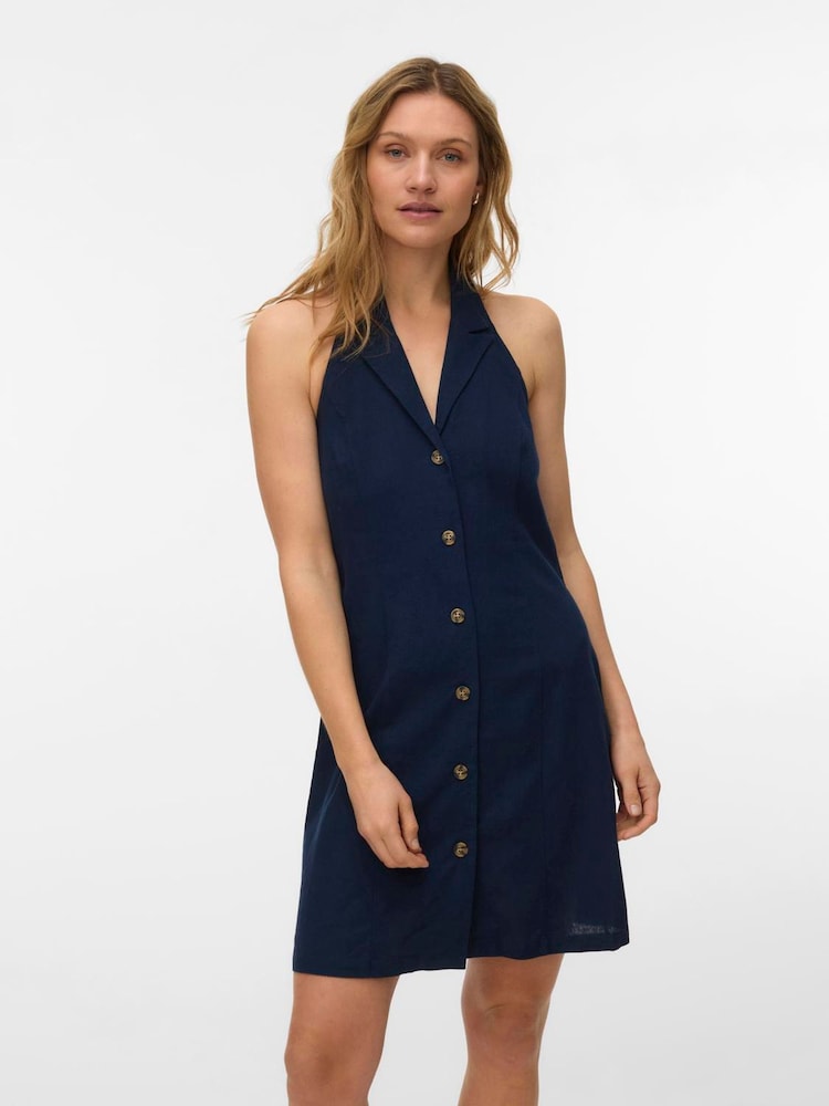 VERO MODA Blue Linen Mix Short Halter Neck Dress - Image 1 of 4