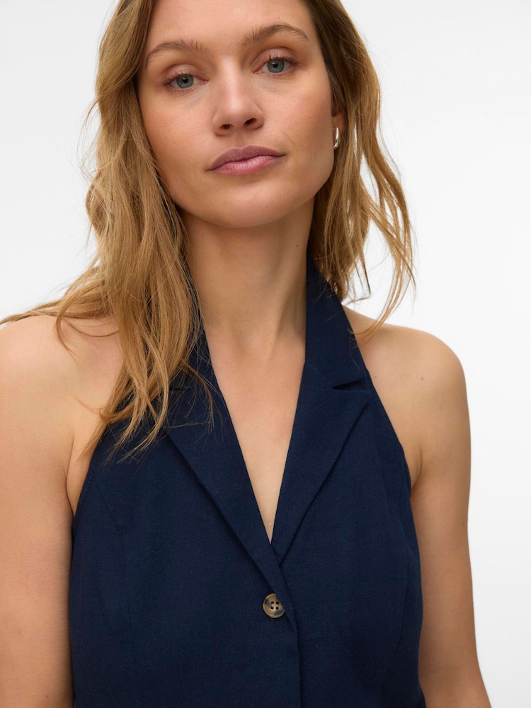 VERO MODA Blue Linen Mix Short Halter Neck Dress - Image 2 of 4