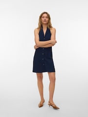 VERO MODA Blue Linen Mix Short Halter Neck Dress - Image 3 of 4