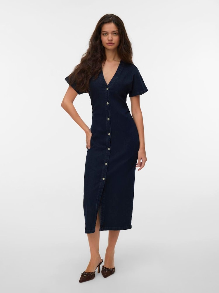 VERO MODA Blue Short Sleeve V-Neck Ankle Length Denim Dress - Image 1 of 6 VERO MODA Blue Short Sleeve V-Neck Ankle Length Denim Dress - Image 1 of 6