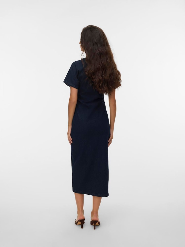 VERO MODA Blue Short Sleeve V-Neck Ankle Length Denim Dress - Image 2 of 6 VERO MODA Blue Short Sleeve V-Neck Ankle Length Denim Dress - Image 2 of 6