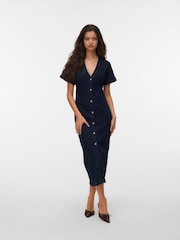 VERO MODA Blue Short Sleeve V-Neck Ankle Length Denim Dress - Image 3 of 6