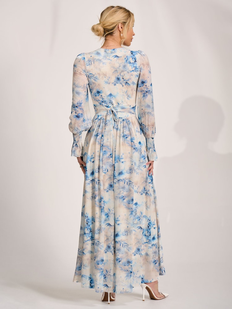 Jolie Moi Cream Long Sleeve V-Neck Mesh Maxi Dress - Image 2 of 6