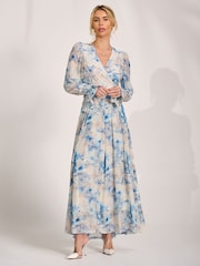 Jolie Moi Cream Long Sleeve V-Neck Mesh Maxi Dress - Image 4 of 6