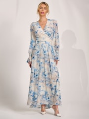 Jolie Moi Cream Long Sleeve V-Neck Mesh Maxi Dress - Image 5 of 6