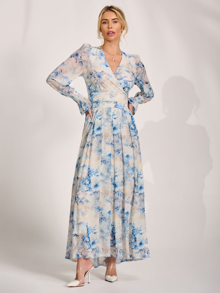 Jolie Moi Cream Long Sleeve V-Neck Mesh Maxi Dress - Image 6 of 6