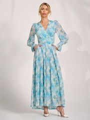 Jolie Moi Blue Long Sleeve Dip Hem Mesh Maxi Dress - Image 1 of 5