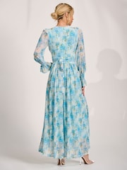 Jolie Moi Blue Long Sleeve Dip Hem Mesh Maxi Dress - Image 2 of 5