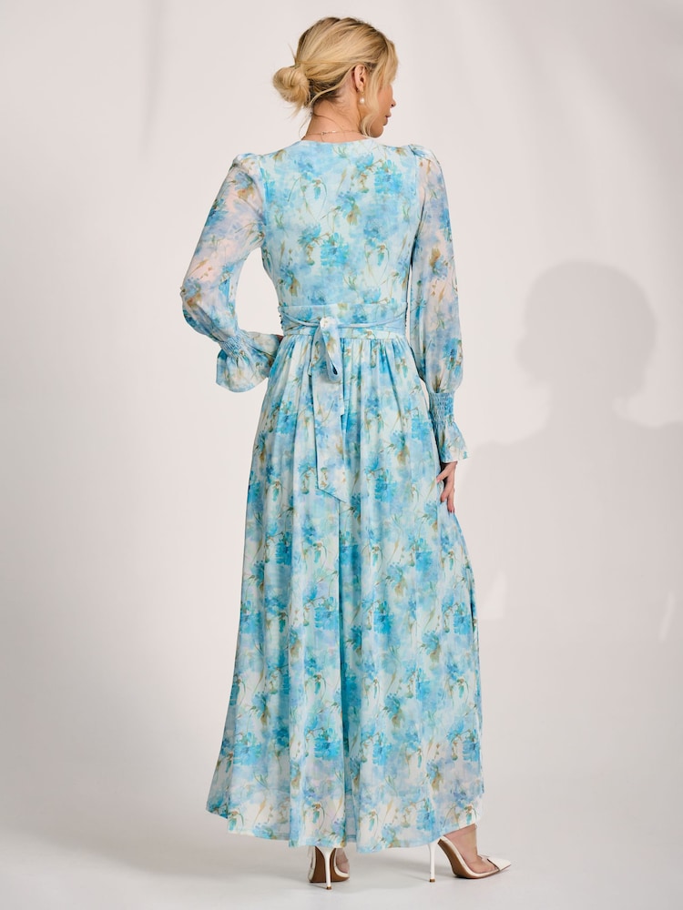 Jolie Moi Blue Long Sleeve Dip Hem Mesh Maxi Dress - Image 2 of 5 Jolie Moi Blue Long Sleeve Dip Hem Mesh Maxi Dress - Image 2 of 5