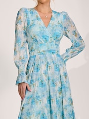 Jolie Moi Blue Long Sleeve Dip Hem Mesh Maxi Dress - Image 3 of 5