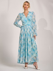 Jolie Moi Blue Long Sleeve Dip Hem Mesh Maxi Dress - Image 4 of 5