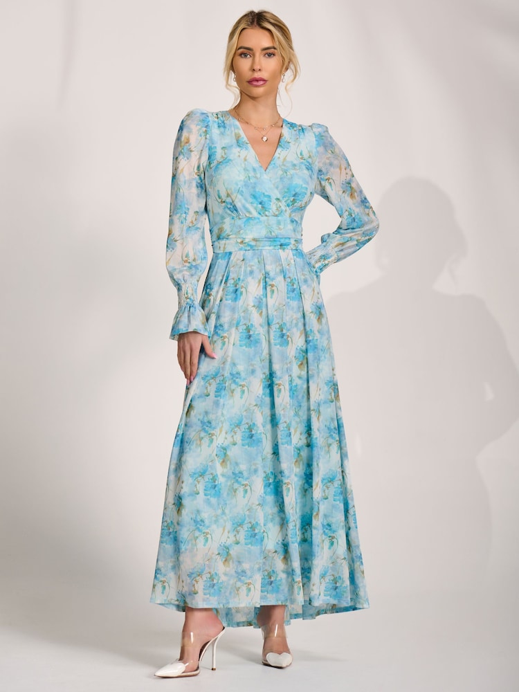 Jolie Moi Blue Long Sleeve Dip Hem Mesh Maxi Dress - Image 5 of 5 Jolie Moi Blue Long Sleeve Dip Hem Mesh Maxi Dress - Image 5 of 5