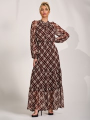 Jolie Moi Brown Long Sleeve Tie Neck Maxi Dress - Image 4 of 6
