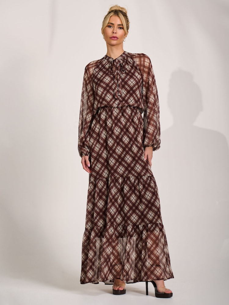 Jolie Moi Brown Long Sleeve Tie Neck Maxi Dress - Image 6 of 6