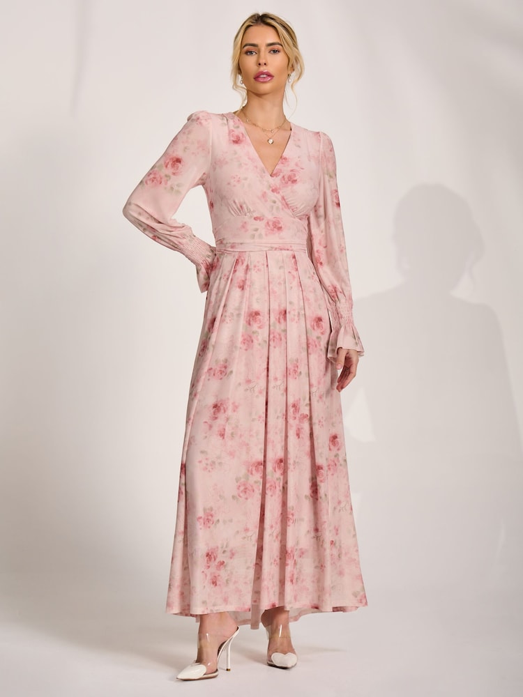 Jolie Moi Pink Long Sleeve V-Neck Mesh Maxi Dress - Image 1 of 6