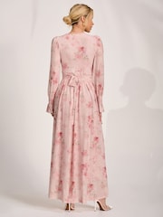 Jolie Moi Pink Long Sleeve V-Neck Mesh Maxi Dress - Image 2 of 6