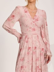 Jolie Moi Pink Long Sleeve V-Neck Mesh Maxi Dress - Image 3 of 6