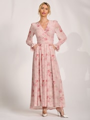 Jolie Moi Pink Long Sleeve V-Neck Mesh Maxi Dress - Image 4 of 6