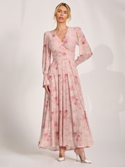 Jolie Moi Pink Long Sleeve V-Neck Mesh Maxi Dress - Image 5 of 6