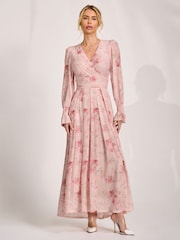 Jolie Moi Pink Long Sleeve V-Neck Mesh Maxi Dress - Image 6 of 6