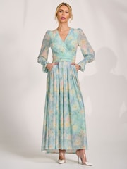 Jolie Moi Green Long Sleeve V-Neck Mesh Maxi Dress - Image 1 of 6