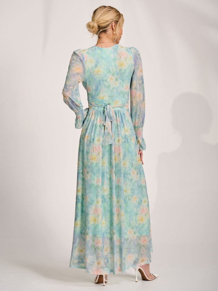 Jolie Moi Green Long Sleeve V-Neck Mesh Maxi Dress - Image 2 of 6