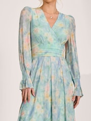 Jolie Moi Green Long Sleeve V-Neck Mesh Maxi Dress - Image 3 of 6