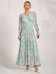 Jolie Moi Green Long Sleeve V-Neck Mesh Maxi Dress - Image 5 of 6