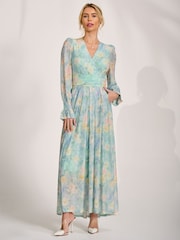 Jolie Moi Green Long Sleeve V-Neck Mesh Maxi Dress - Image 6 of 6