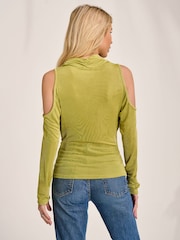 أخضر - Jolie Moi Cowl Neckline Cold Shoulder Jersey Top - Image 2 of 6