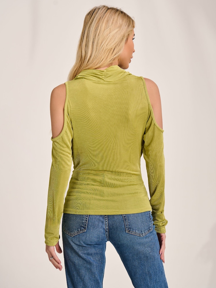 أخضر - Jolie Moi Cowl Neckline Cold Shoulder Jersey Top - Image 2 of 6