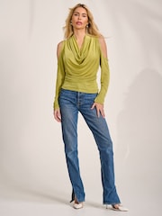 أخضر - Jolie Moi Cowl Neckline Cold Shoulder Jersey Top - Image 4 of 6