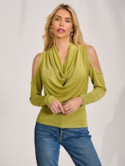 أخضر - Jolie Moi Cowl Neckline Cold Shoulder Jersey Top - Image 6 of 6