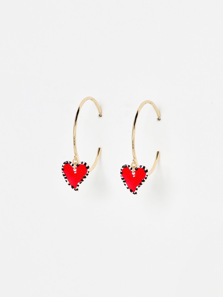 Oliver Bonas Red Vita Enamel Heart Charm Hoop Earrings - Image 1 of 5