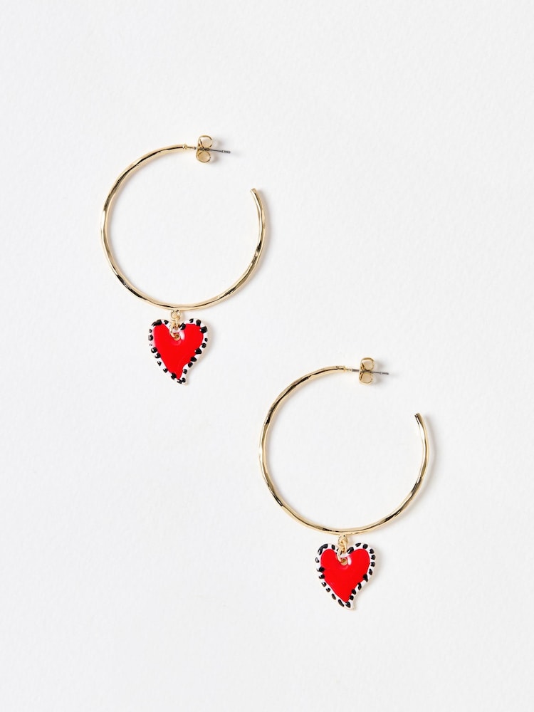Oliver Bonas Red Vita Enamel Heart Charm Hoop Earrings - Image 2 of 5