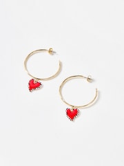 Oliver Bonas Red Vita Enamel Heart Charm Hoop Earrings - Image 3 of 5