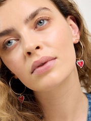 Oliver Bonas Red Vita Enamel Heart Charm Hoop Earrings - Image 5 of 5