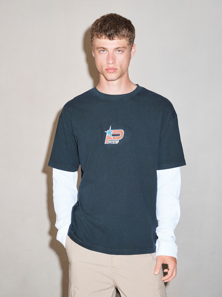 Black/White Graphic Long Sleeve Edit T-Shirt with Mock Layer - Image 2 of 4